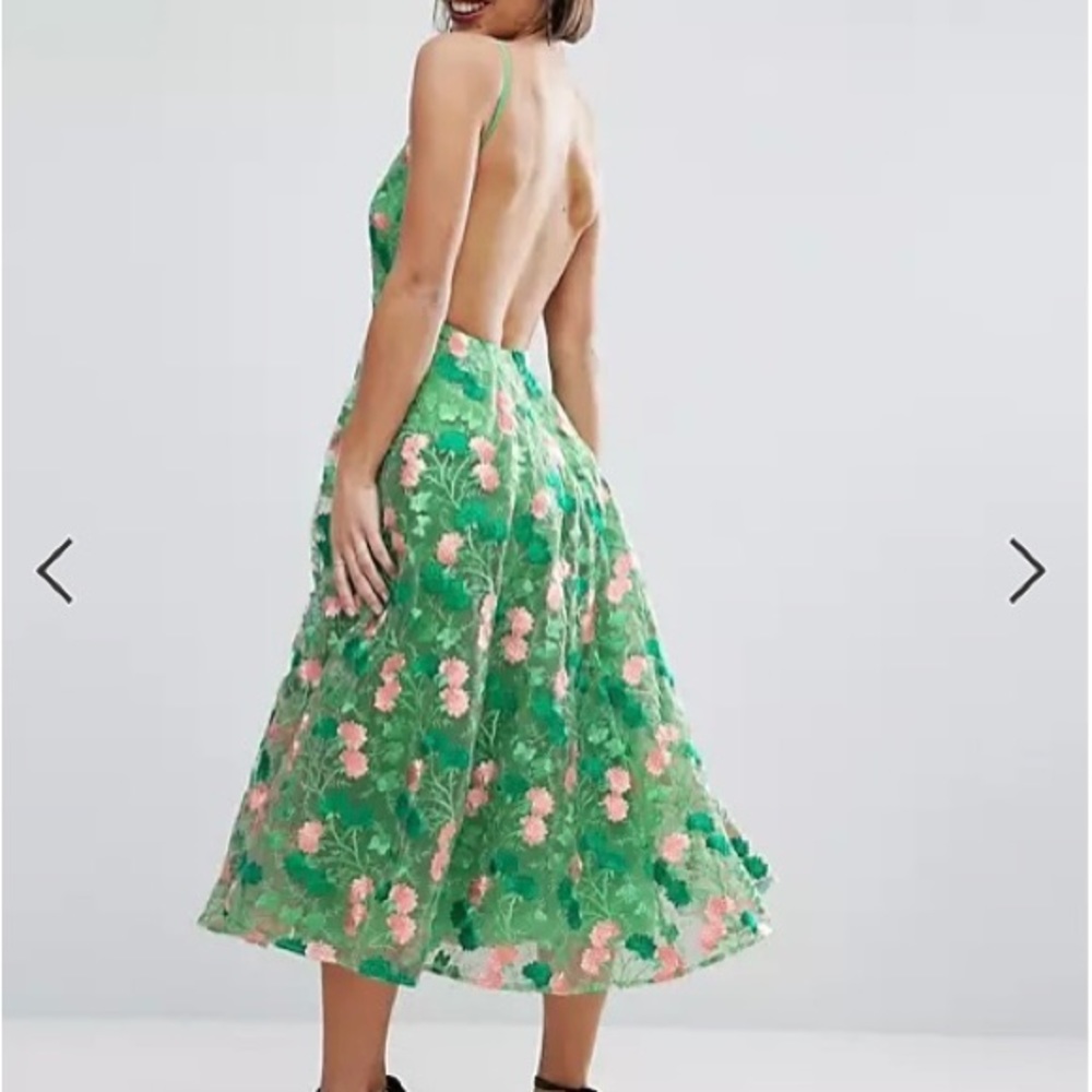 ASOS Salon Floral Shamrock Embroidered Green Backless Pinny MIDI Dress Size 4